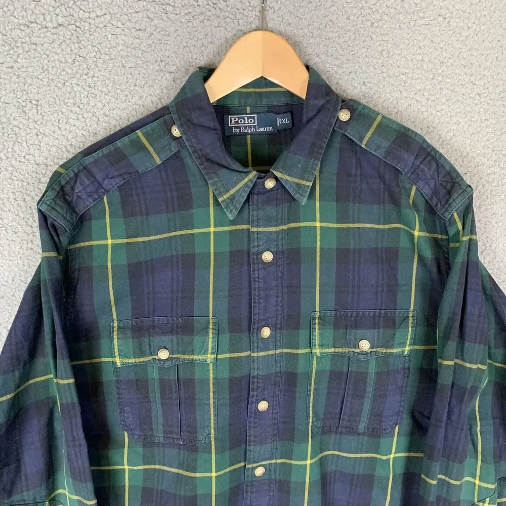 S Polo Ralph Lauren Shirt Mens XL Green Button Down Long Sleeve‎ Tartan Plaid